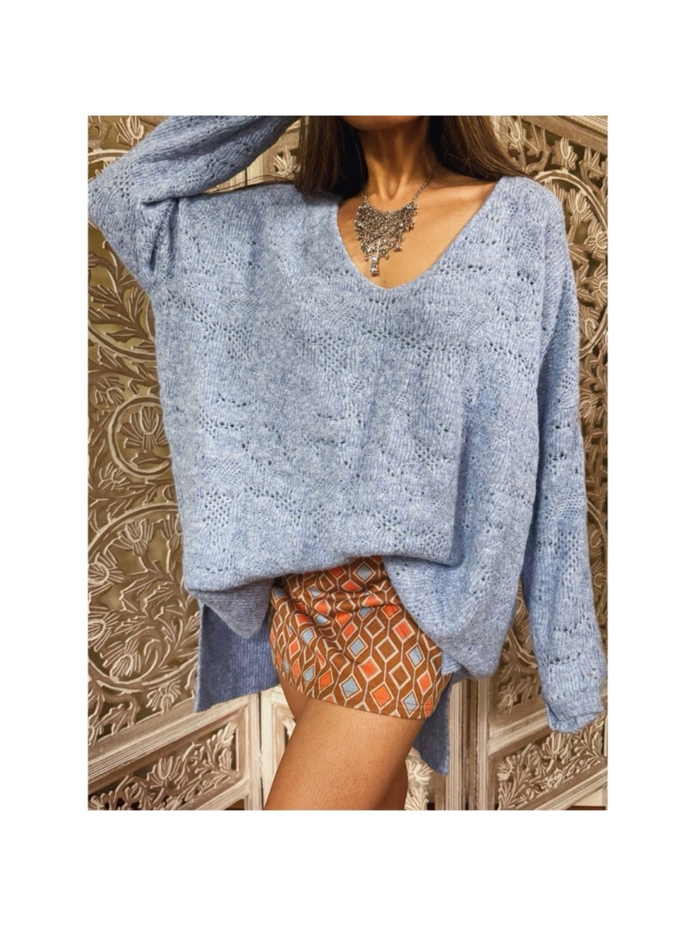 Intimately Free People C.O.Z.Y. Pointelle Light Blue Oversized Knit Sweater XS/S - Picture 2 of 11